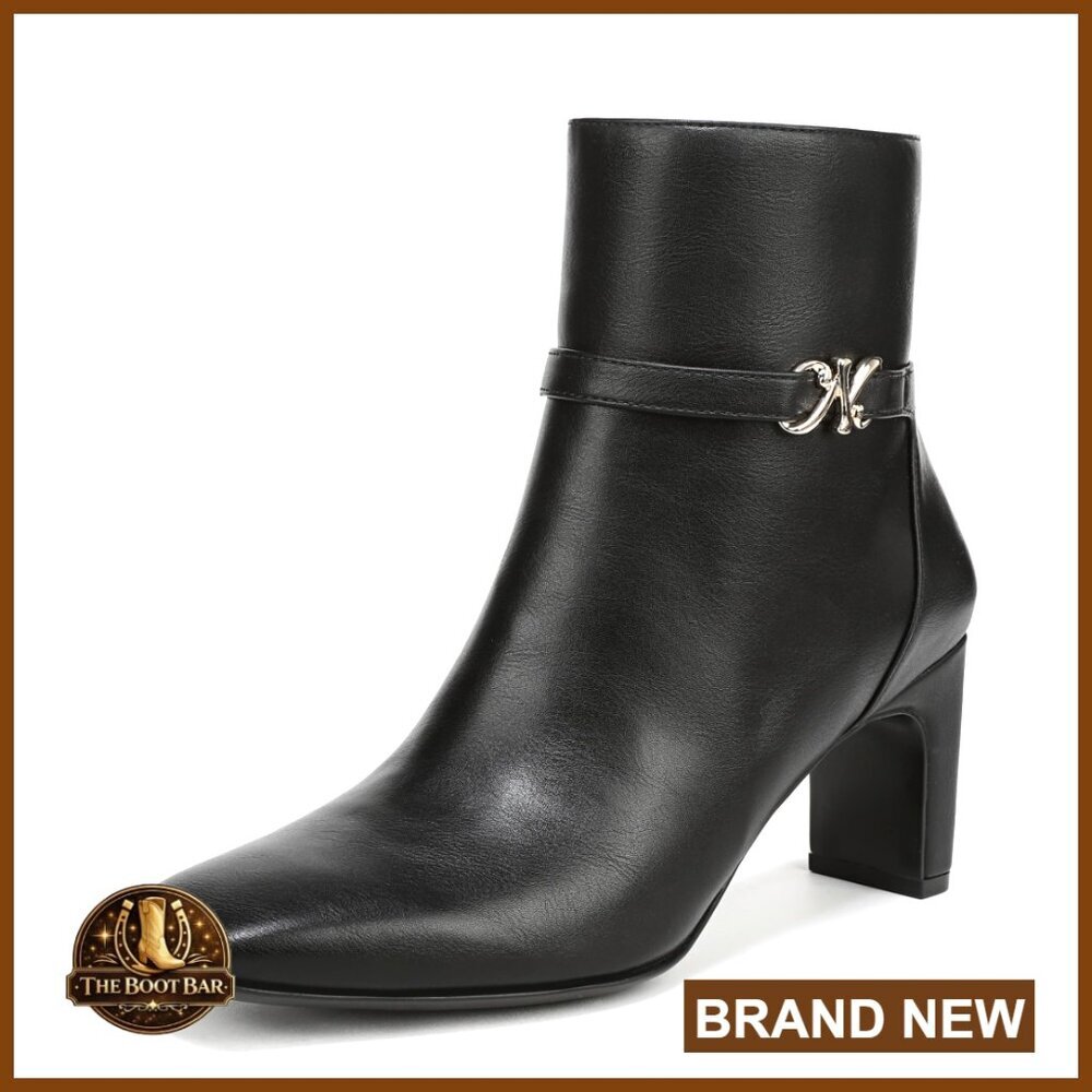 Sleek Ankle Bootie with Zip Closure Metallic Ornamentation Square Toe Blade Heel
